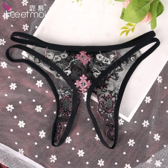 透明蕾絲刺繡薄紗開襠T字褲