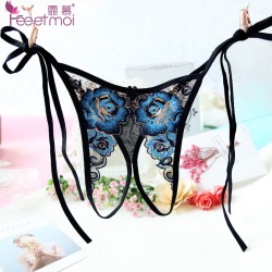 刺繡透明性感綁帶式開襠網紗花紋情趣內褲